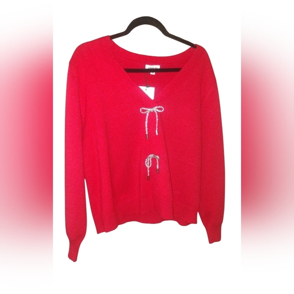 Sugarlips Women's V-Neck Metallic Bow Pull-On Sweater Red SZ 2X NWT - Picture 1 of 5